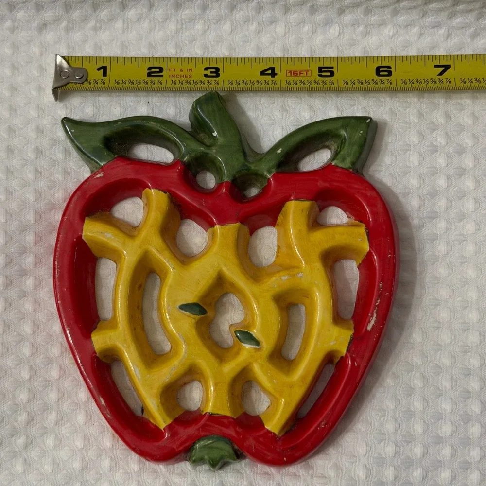 Vintage Cast Iron Apple Trivet Red Yellow Green Painted Lattice Kitchen Decor